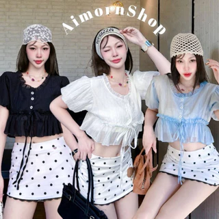 🔥aimorn_shop🔥เสื้อครอปคอเหลี่ยม แต่งระบายน่ารักๆ ผูกโบว์ด้านหน้า ทรงสวยมาก ดีเทลแขนพองทรงสวย