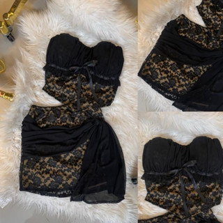 เซ็ท2ชิ้นเกาะอกลูกไม้แต่งผ้าซีทรูช่วงอก+กระโปรงลูกไม้LB