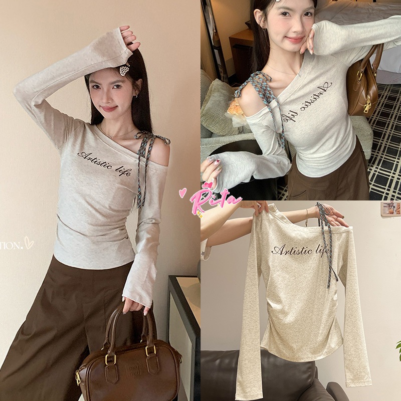 Rita พร้อมส่ง🍒เสื้อแขนยาวผู้หญิง เสื้อปาดไหลข้างเดียว เสื้อครอปรัดรูปสีเทา ดีไซน์เชือกผูกไหล่ แฟชั่นเกาหลี สไตล์ลำลอง