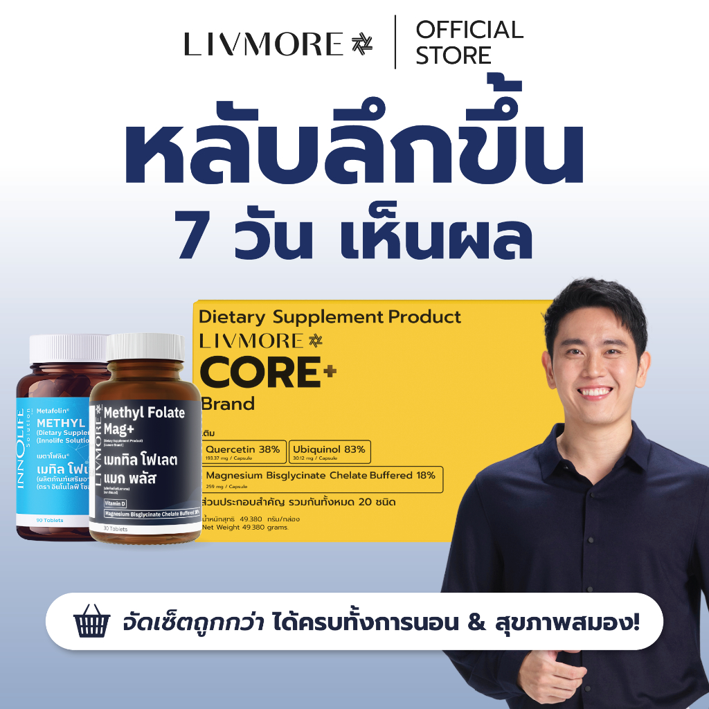 LIVMORE Deep Sleep Program เซต 1 เดือน แมกนีเซียม Magnesium Bisglycinate ผสม GABA และ L-Theanine ช่วยนอนหลับ หลับลึก