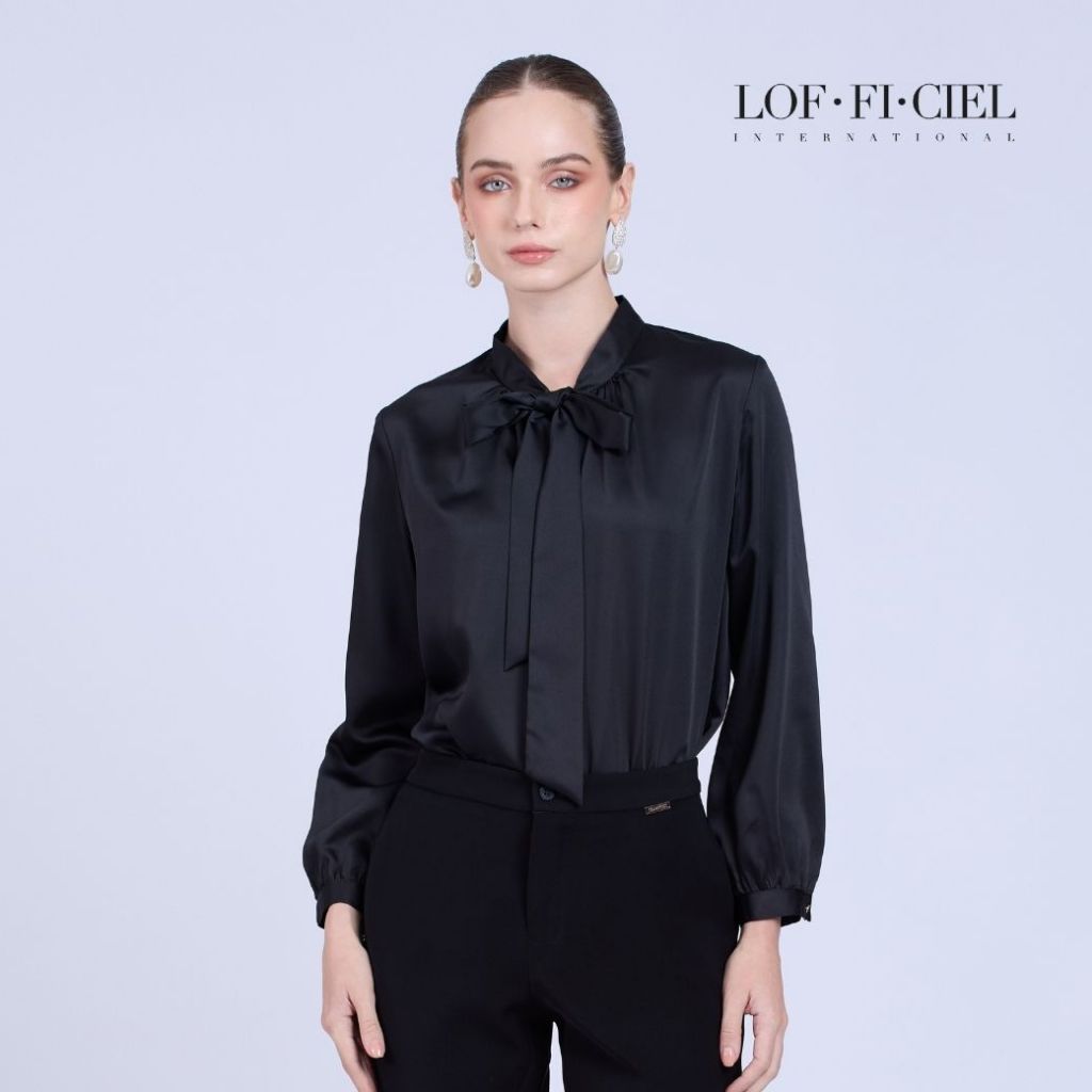 LOF-FI-CIEL Woman’s blouse Silk Satin เสื้อผู้หญิง คอผูก แขนยาว ทรงหลวม สีดำ F9XWBL