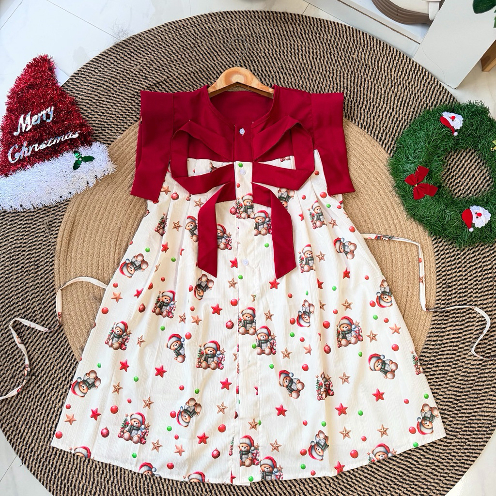 Dress( แขนล้ำ )กระดุมโบว์ใหญ่ แต่งสีพื้น ( non - 03 X Christmas ) 🎅🏻❤️