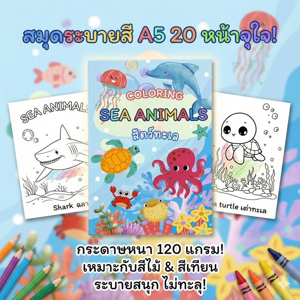 สมุดระบายสีสำหรับเด็ก ขนาด A5 หมวด สัตว์ทะเล (Sea Animals)