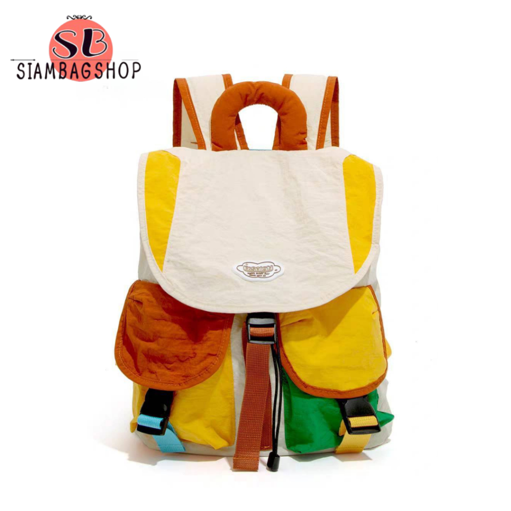 SIAMBAGSHOP(S2487) กระเป๋าเป้สีครีม-เหลืองเขียว ด้านหน้ามี2ช่องใส่ของ