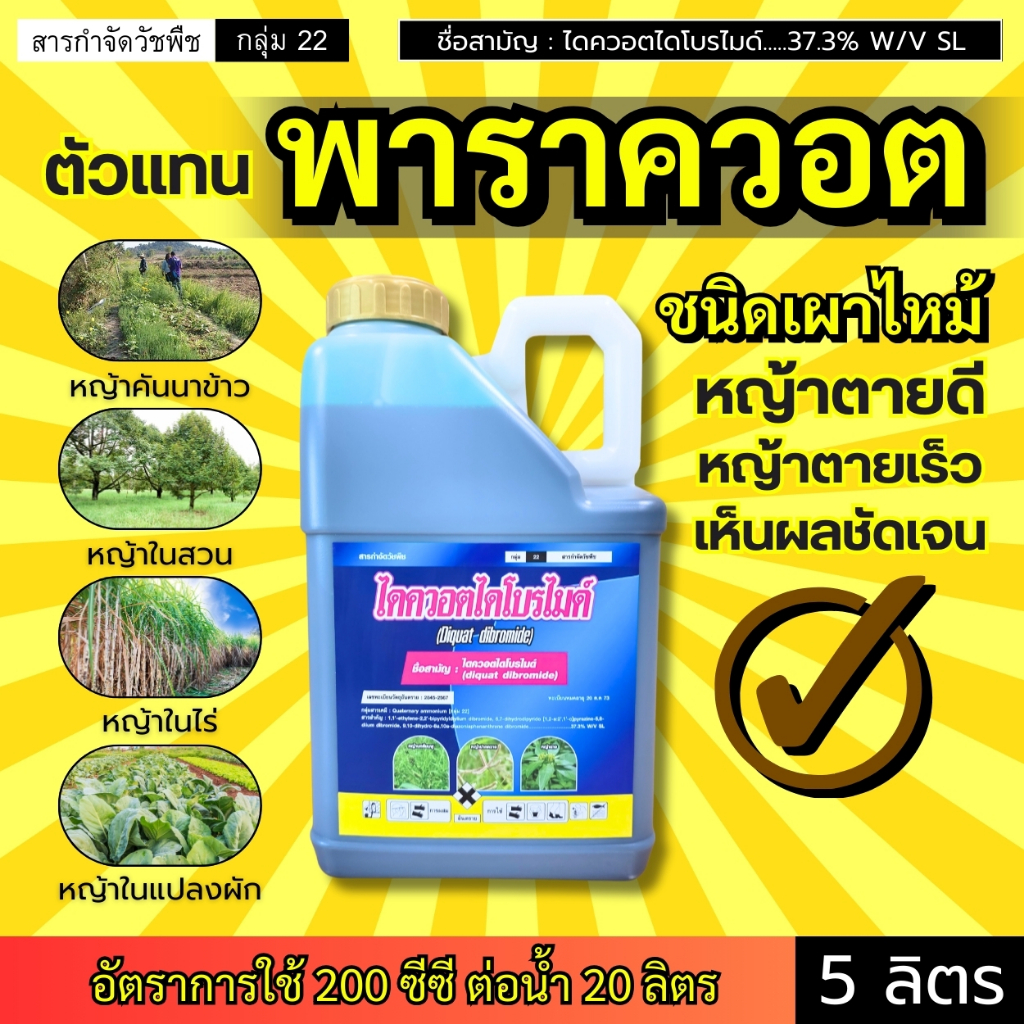 พาราควอต *ตัวแทน* (ไดควอตไดโบรไมด์) ชนิดเผาไหม้ ตายเร็ว หญ้าตายทุกชนิด คันนา สวน ไร่ แปลงผัก : แกลลอน 5 ลิตร