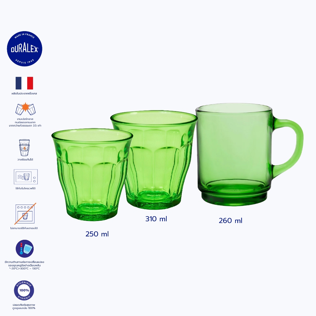 Duralex แก้วน้ำ กาแฟ ชา สีเขียว Green ขนาด 250-360 ml วัสดุ Tempered glass นำเข้าจากฝรั่งเศส
