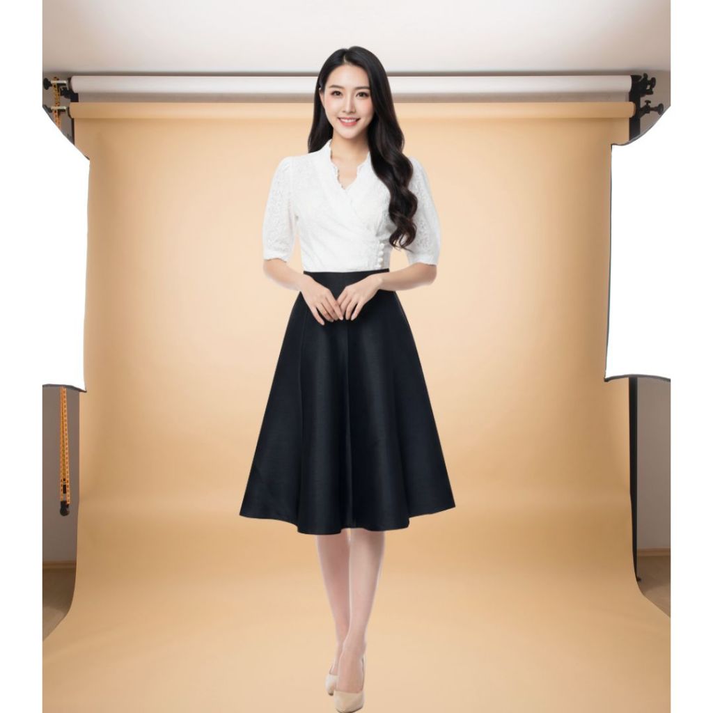 กระโปรงแปดชิ้น ผ้าไหมสี่เส้น "รหัส SH" ทรงสุภาพ เอวเรียบ ซิปหลัง ไม่มีกระเป๋า ใส่ทำงาน