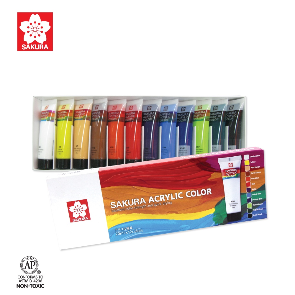 Sakura Acrylic Colours Set I เซตสีอะคริลิคหลอดพลาสติกขนาด 20 ml. 12 หลอด/ หลอดลามิเนตขนาด 12 ml. 12 หลอด