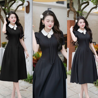 TC Maxi เดรสแขนสั้นสีดำ คอบัว ดีเทลแต่งขลิบช่วงอก มีเข็มกลัด…