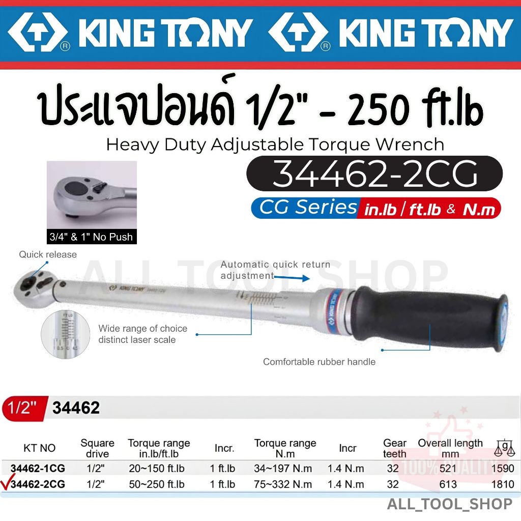 KINGTONY ประแจวัดแรงบิดทอร์คเกจ 1/2" 250Ft  รุ่น 34462-2CG คิงโทนี่ ไต้หวันแท้ ด้ามปอนด์