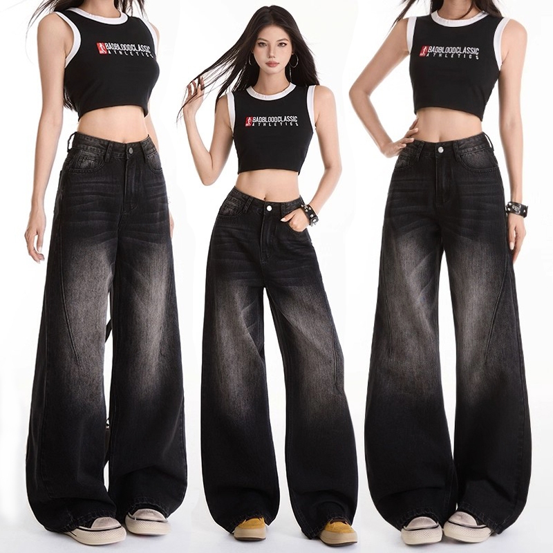 Plus size~Baggy jeans Black Gray กางเกงยีนส์วินเทจสีดำและสีเทา กางเกงยีนส์ทรงตรงดีไซน์อินเทรนด์ กางเกงลำลองทรงหลวม HOT