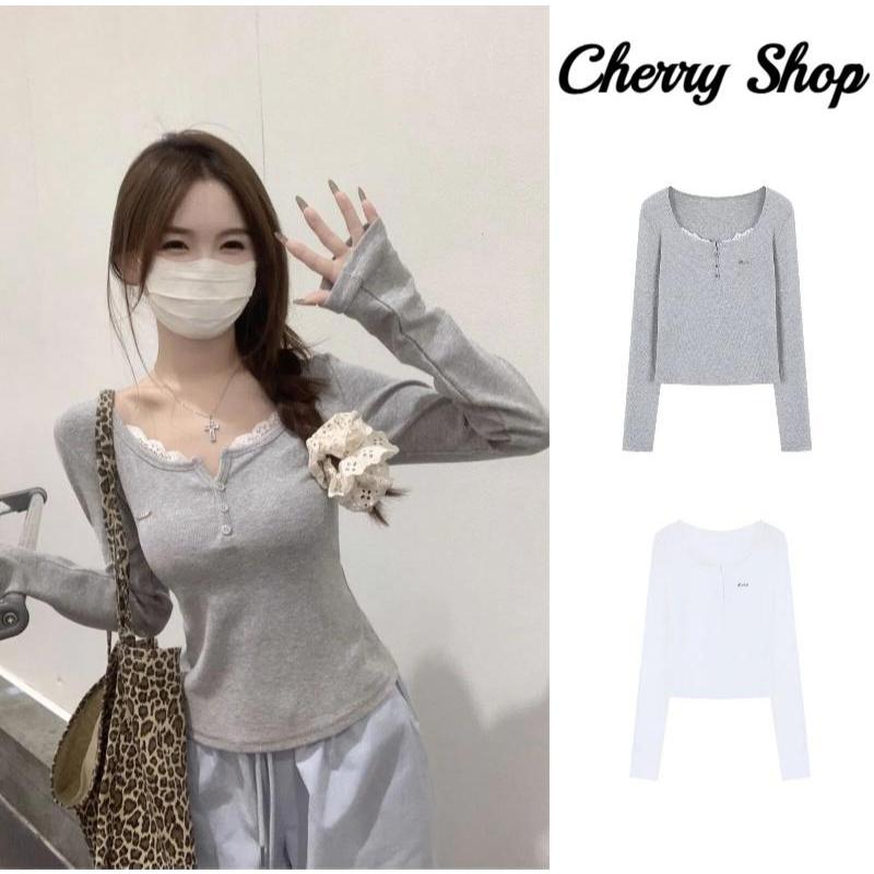 cherryshop พร้อมส่ง เสื้อยืดแขนยาวผู้หญิงสไตล์เกาหลีหวานๆ สีพื้น สไตล์สลิมฟิต การออกแบบผ้าลูกไม้ปะติด ผ้านุ่ม สวมใส่สบาย