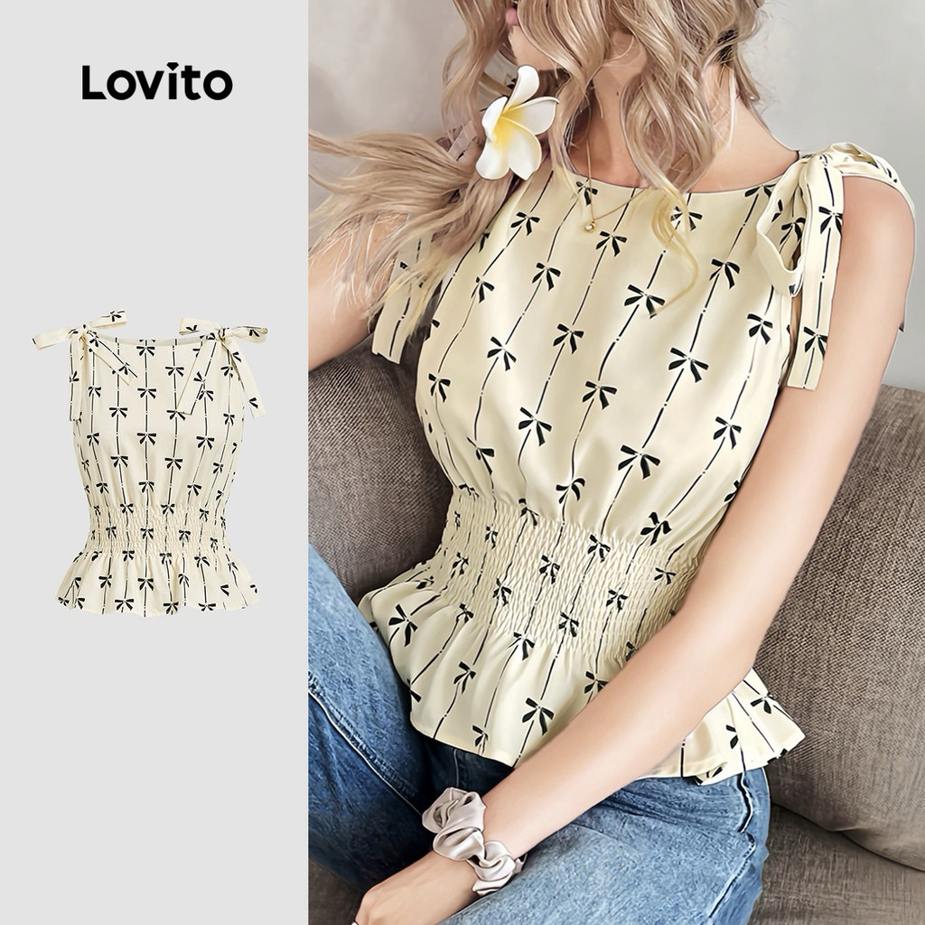 Lovita(ส่งต่อมือ1)เสื้อกล้ามแขนผูกโบว์เอวสม๊อคหลัง