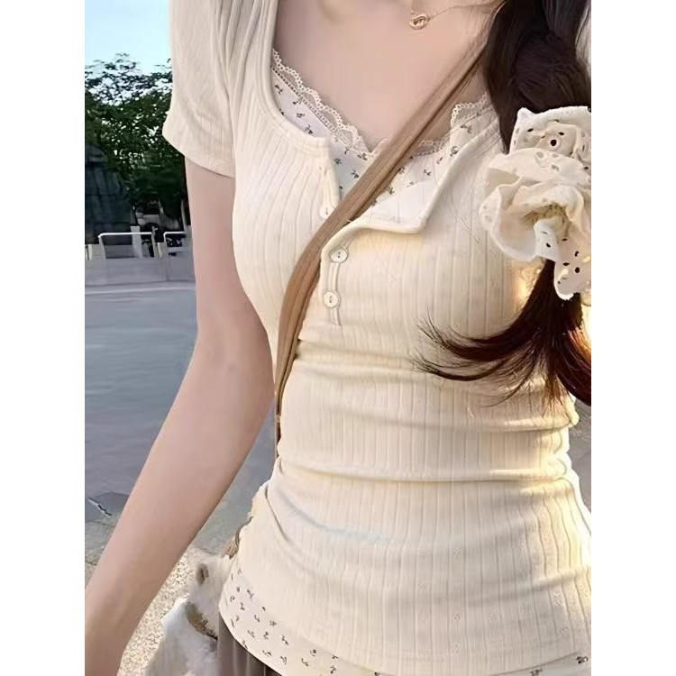 เสื้อยืดแขนสั้นลายดอกไม้บริสุทธิ์และละเอียดอ่อนสำหรับผู้หญิง สินค้าฮิตประจำฤดูร้อน ทรงเข้ารูป สดชื่นและหวาน เสื้อชั้นในฤ