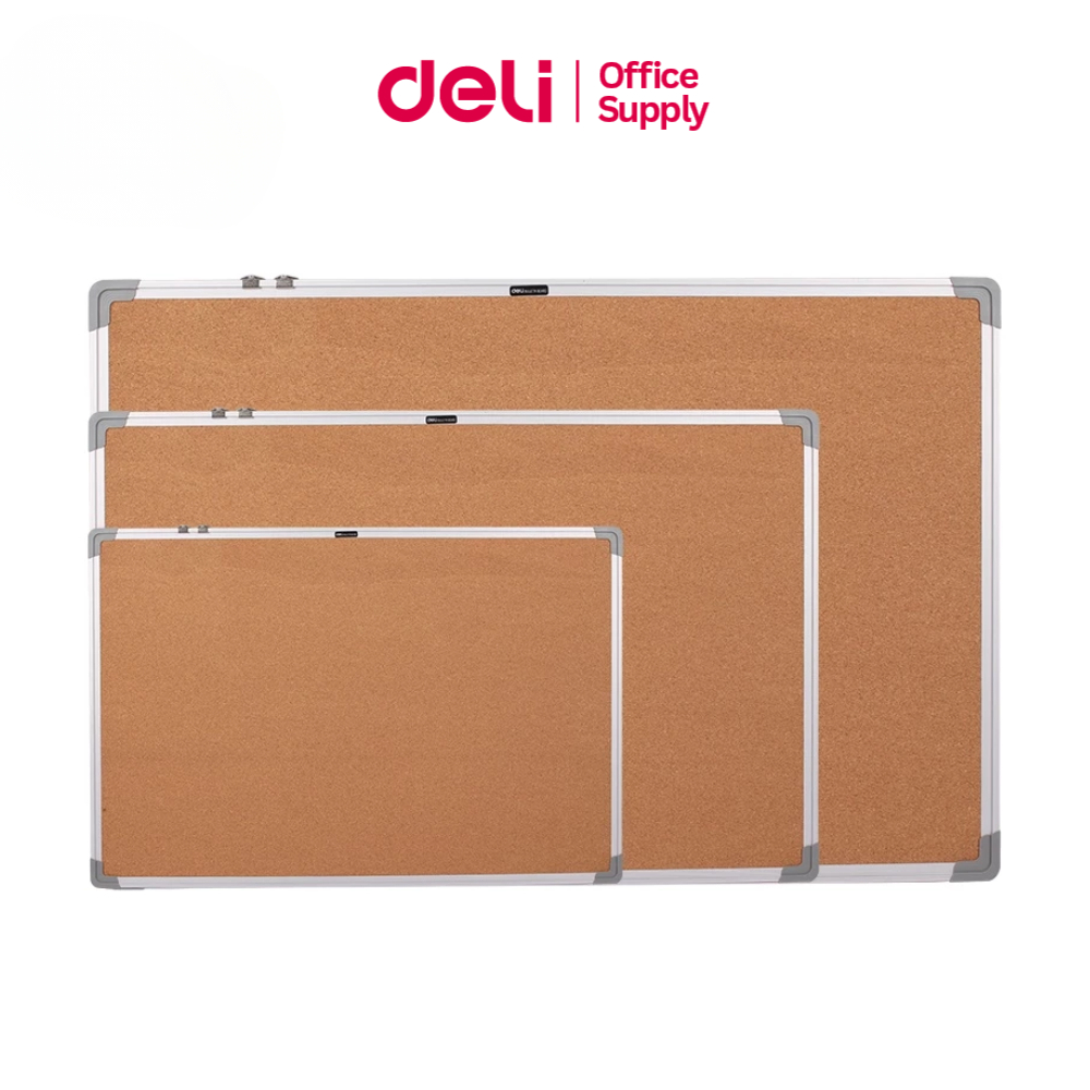 Deli กระดานไม้ก๊อก ใช้งานได้ 2 ด้าน มีห่วงแขวน กรอบอลูมิเนียม ใช้ติดประกาศ วัสดุแข็งแรง Cork board