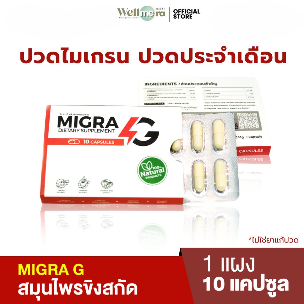 MIGRA G ผลิตภัณฑ์สารสกัดจากขิง และขมิ้นลดปวดไมเกรน