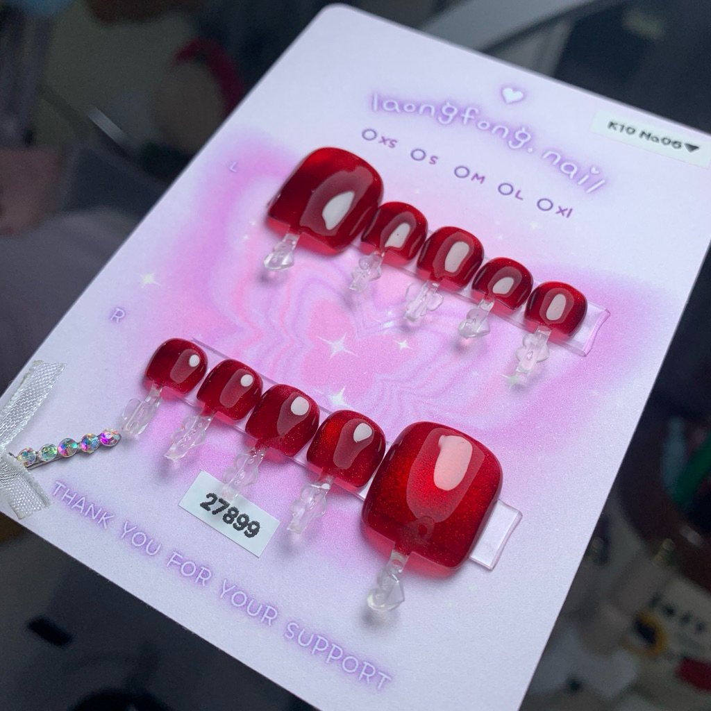 .  เล็บปลอมสำเร็จรูป  ◡̎  สีแดงฝังลูกแก้ว❤️(แบบทรงเล็บเท้า) ♔เปลี่ยนสี เปลี่ยนทรงเล็บได้