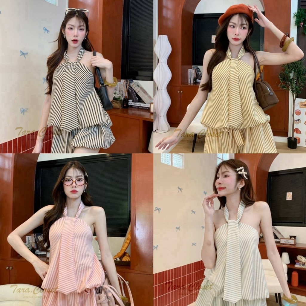 BA097 TARA Shirt เสื้อคล้องคอ ลายริ้ว ทรงบอลลูน สม็อกหลัง เนื้อผ้าไหมโพลีเอสเตอร์ ผ้าดี ไม่ต้องรีด