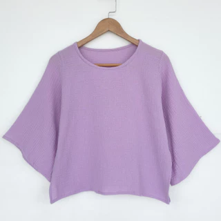 เสื้อคอกลมแขนสามส่วน ผ้าสาลู 2ชั้นอัดย่นลายวาฟเฟิล