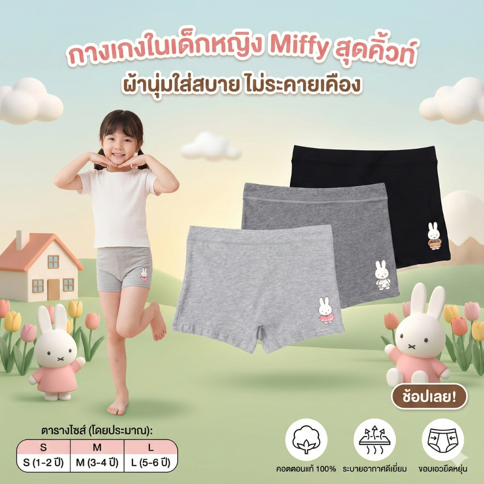 กางเกงในเด็กขาสั้น สีพื้นคอตตอนแท้ นุ่ม ลายสุดน่ารัก เหมาะกับเด็กวัย 3 ขวบขึ้นไป ผ้านุ่ม ระบายอากาศดี ไม่อึดอัด