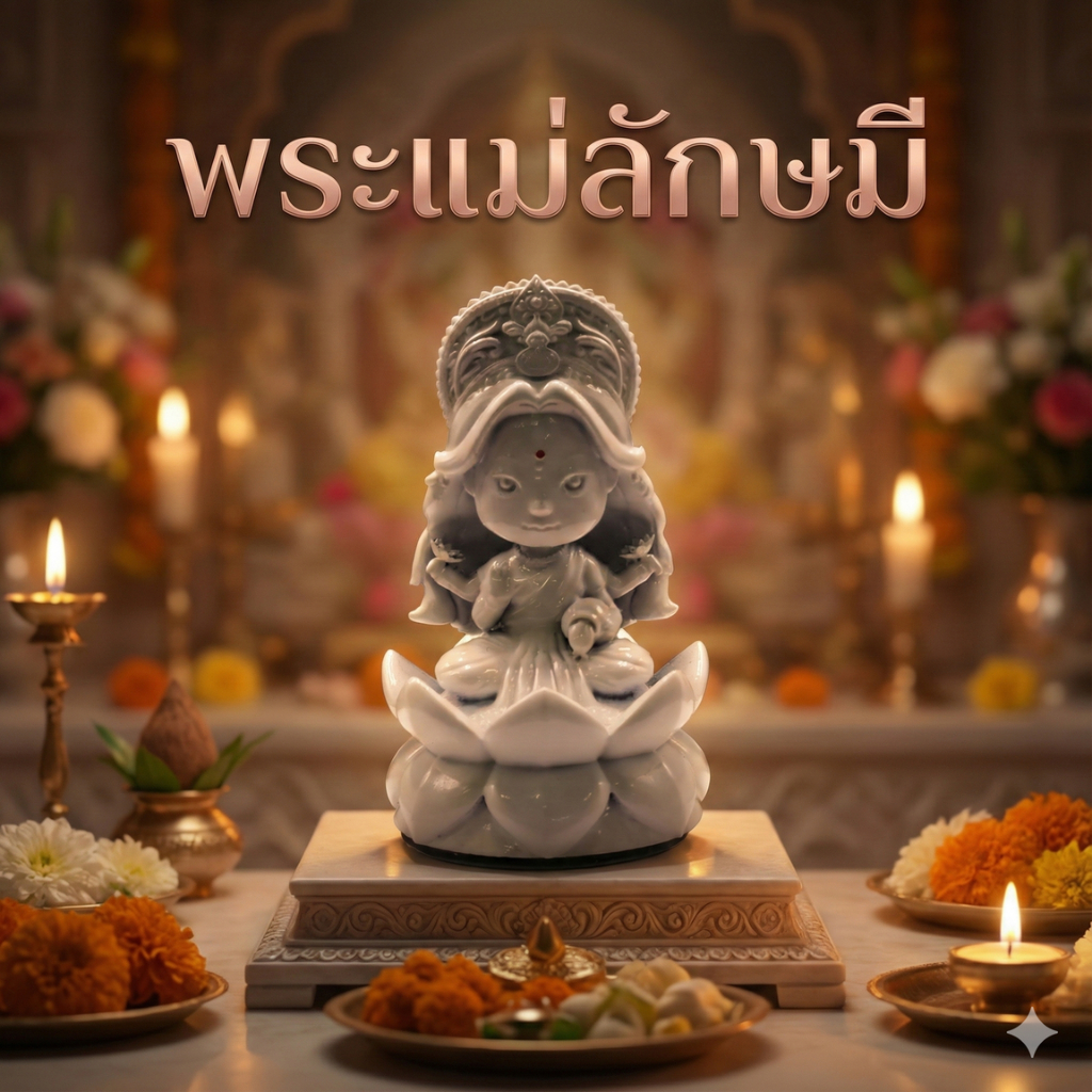 พระแม่ลักษมี มหาเทพีแห่งความมั่งคั่ง (องค์ลักษมี Cute) พร้อมที่ครอบแก้วฐานทอง / บูชาเสริมดวงความรัก โชคลาภ การเงิน