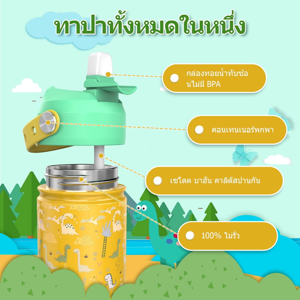 PASHLINC กระติกน้ำเด็ก 350ml กระบอกน้ำ/ขวดน้ำสแตนเลส 304 kids water bottle แบบหลอดดูด BPA Free รูปที่ 3