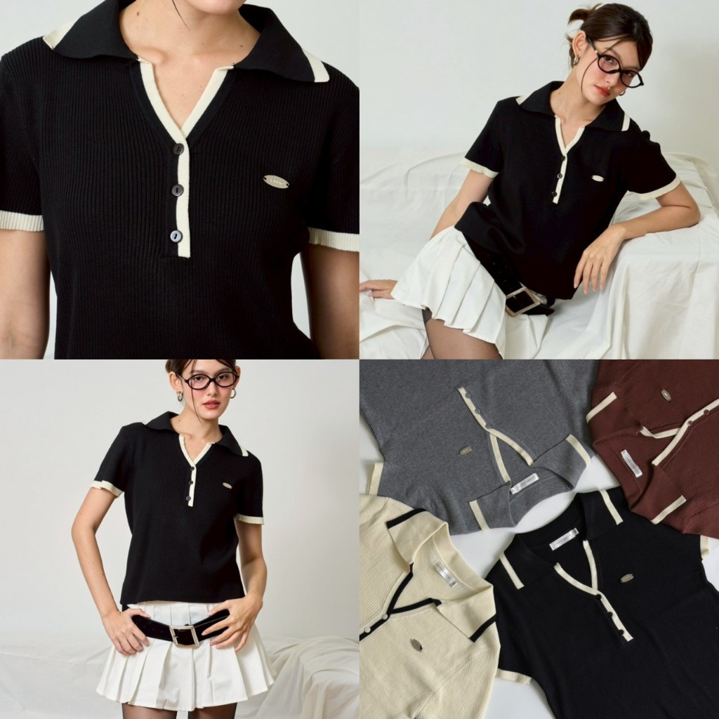 Kyler top เสื้อกุ้นไหมพรมคอปก (ผ้าไหมพรม) งานติดอะไหล่ Size M,L AOMMKOSHOP - S103