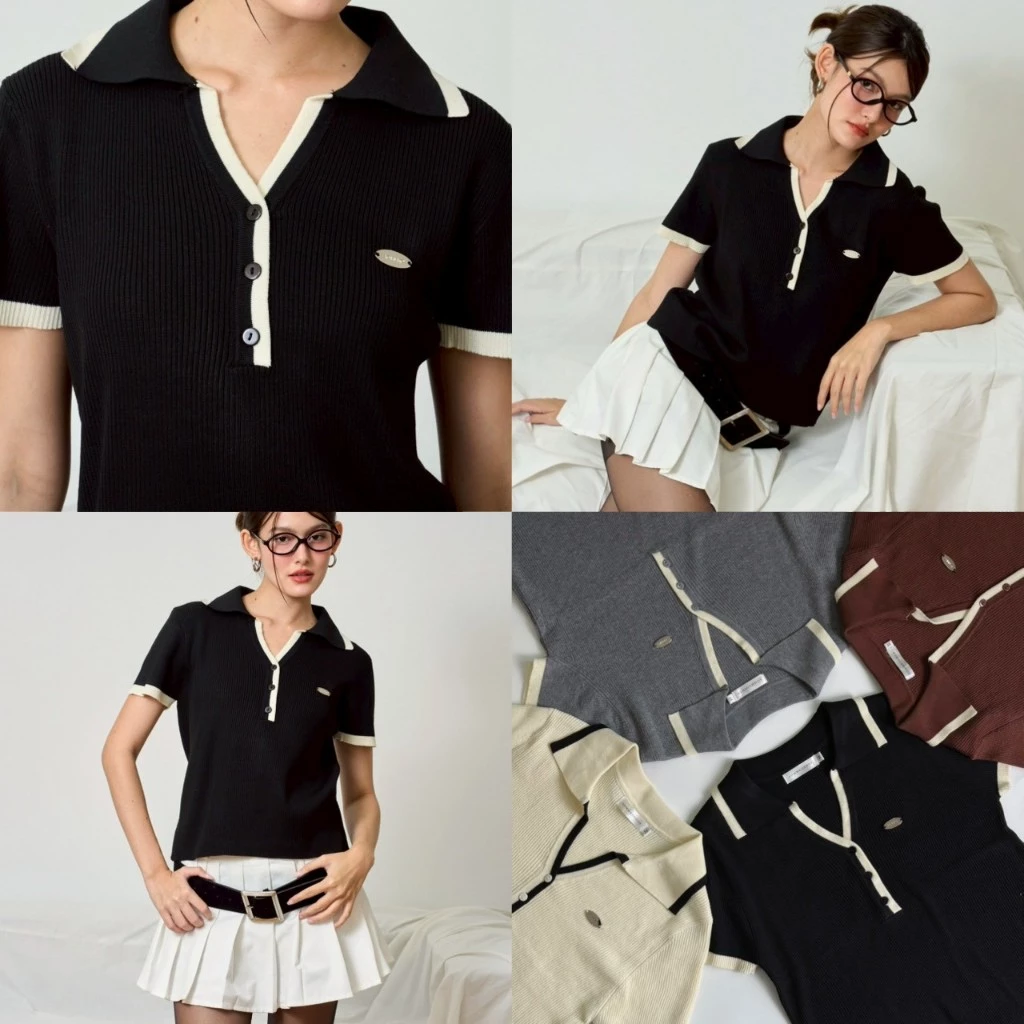 Kyler top เสื้อกุ้นไหมพรมคอปก (ผ้าไหมพรม) งานติดอะไหล่ Size M,L AOMMKOSHOP - S103