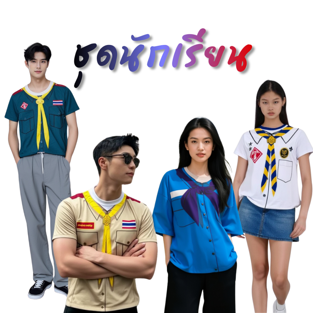 เสื้อผ้ายืดคอกลม แขนสั้น พิมพ์ลาย ชุดนักเรียน ลูกเสือ เนตรนารี สูท ย้อนวัยเด็ก  ไซส์ S-5XL ใส่ได้ทั้งชาย หญิง พร้อมส่ง