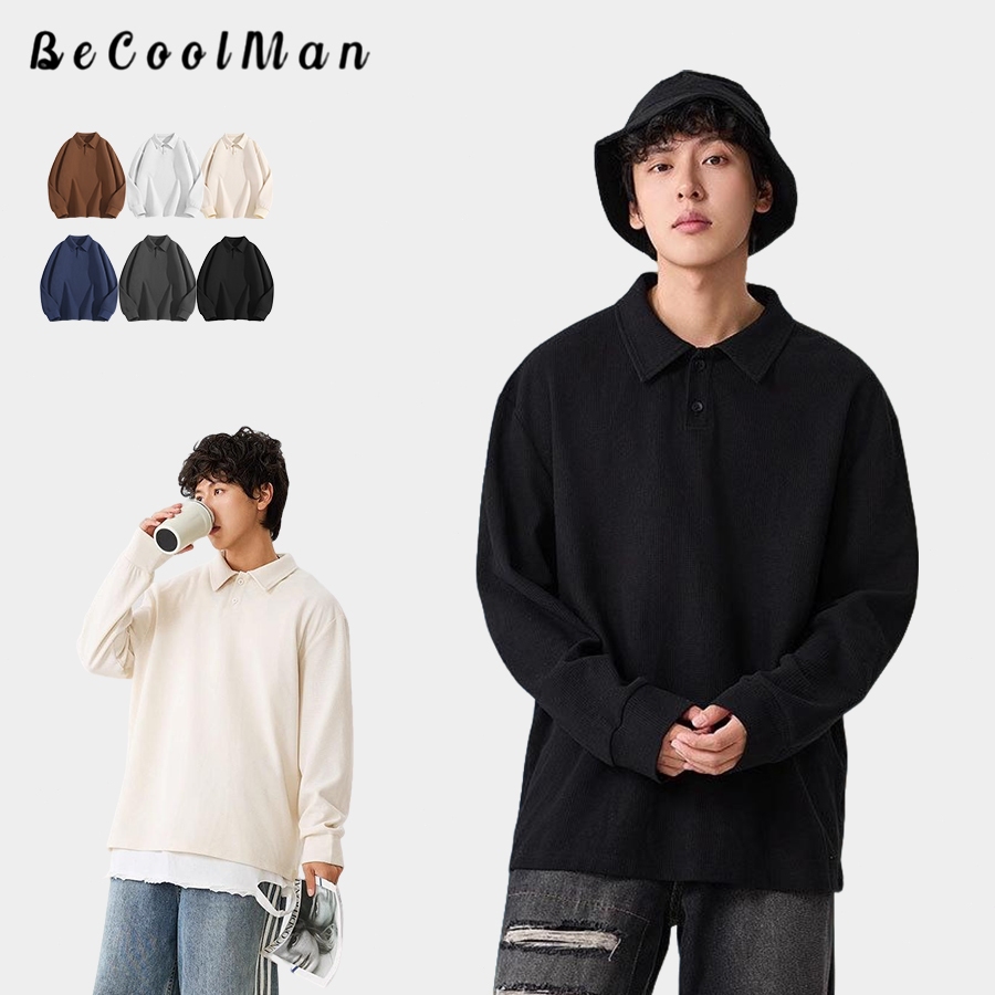 BECoolMan-ฤดูใบไม้ร่วงวาฟเฟิลแขนยาว  เสื้อโปโลสบาย ๆ  ธุรกิจ ร้อยชุด oversize