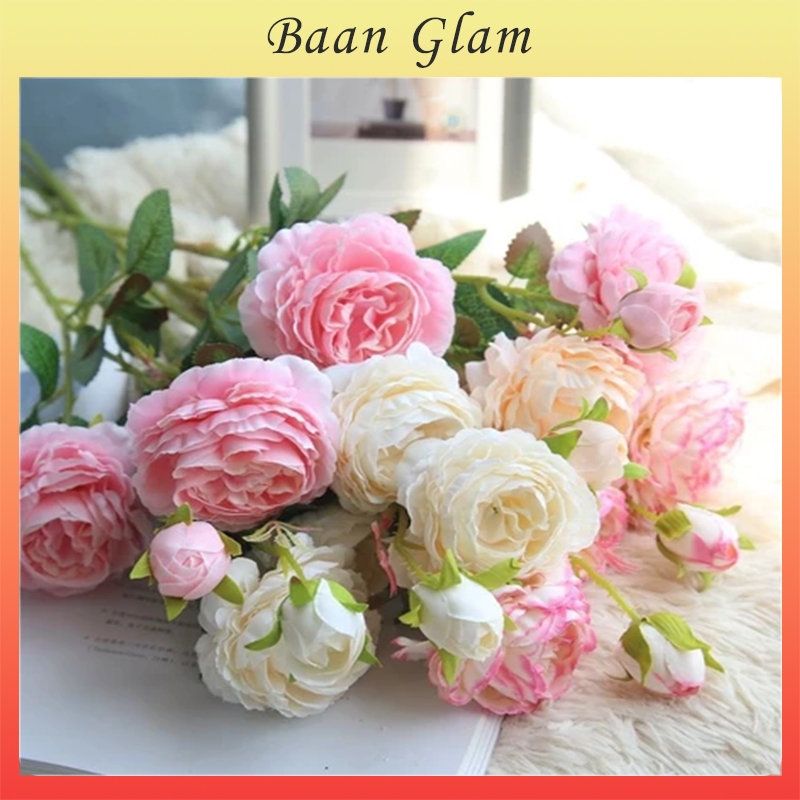 ดอกไม้เทียม DIY กุหลาบ+โบตั๋น 3 ดอกในช่อเดียว ใบไม่ร่วง คุณภาพพรีเมียม สำหรับจัดแจกัน/ตกแต่งบ้าน/งานแฮนด์เมด