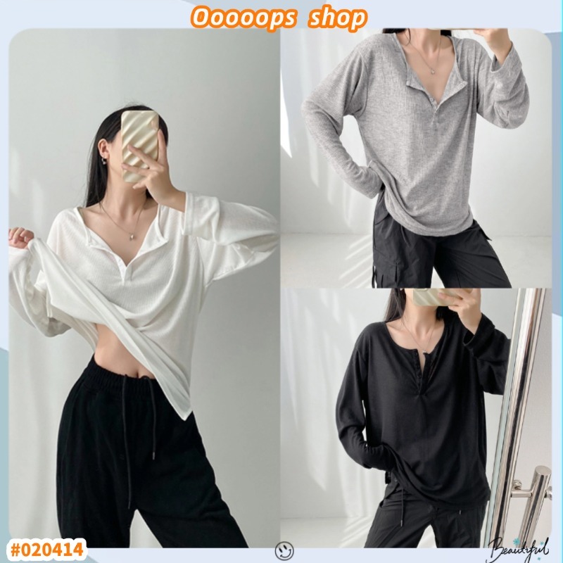 เสื้อยืดเเขนยาว เสื้อกันเเดดสาวอวบ ทรงหลวม กระดุมเเกะได้ ผ้านิ่มใส่สบาย สไตล์ลำลอง #02414
