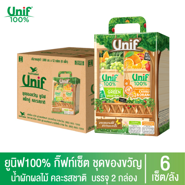 [ยกลัง 6แพ็ค] กิ๊ฟท์เซ็ท ยูนิฟ 100% ชุดของขวัญ น้ำผักผลไม้คละรสชาติ 1000 มล.