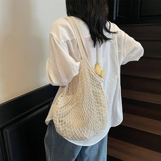 BAGLOOM กระเป๋าตาข่าย กระเป๋าตาข่ายผ้าฝ้าย กระเป๋าถักชายหาด สะพายข้าง แบบมีซับ สีพื้น สไตล์มินิมอ