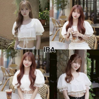 BY IRA (00016)Lokasunder Top เสื้อครอปแขนตุ๊กตา ครอปลูกไม้ คอบัว แต่งดกระดุมน่ารักๆ ชายเสื้อแต่งลูกไม้