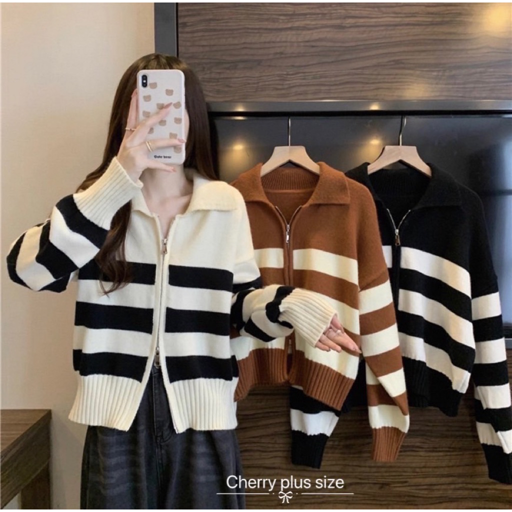 เสื้อแขนยาวไหมพรมลายริ้ว Bigsize อก 42-54”