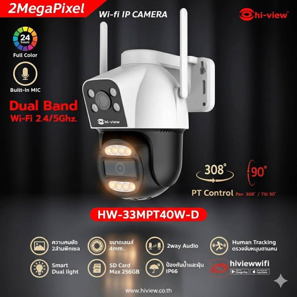 กล้อง WiFi Hiview HW-33MPT40W-D กล้อง 2 เลนส์ในตัวเดียว ภาพสีชัด หมุนติดตามบุคคนได้ ประกันศูนย์