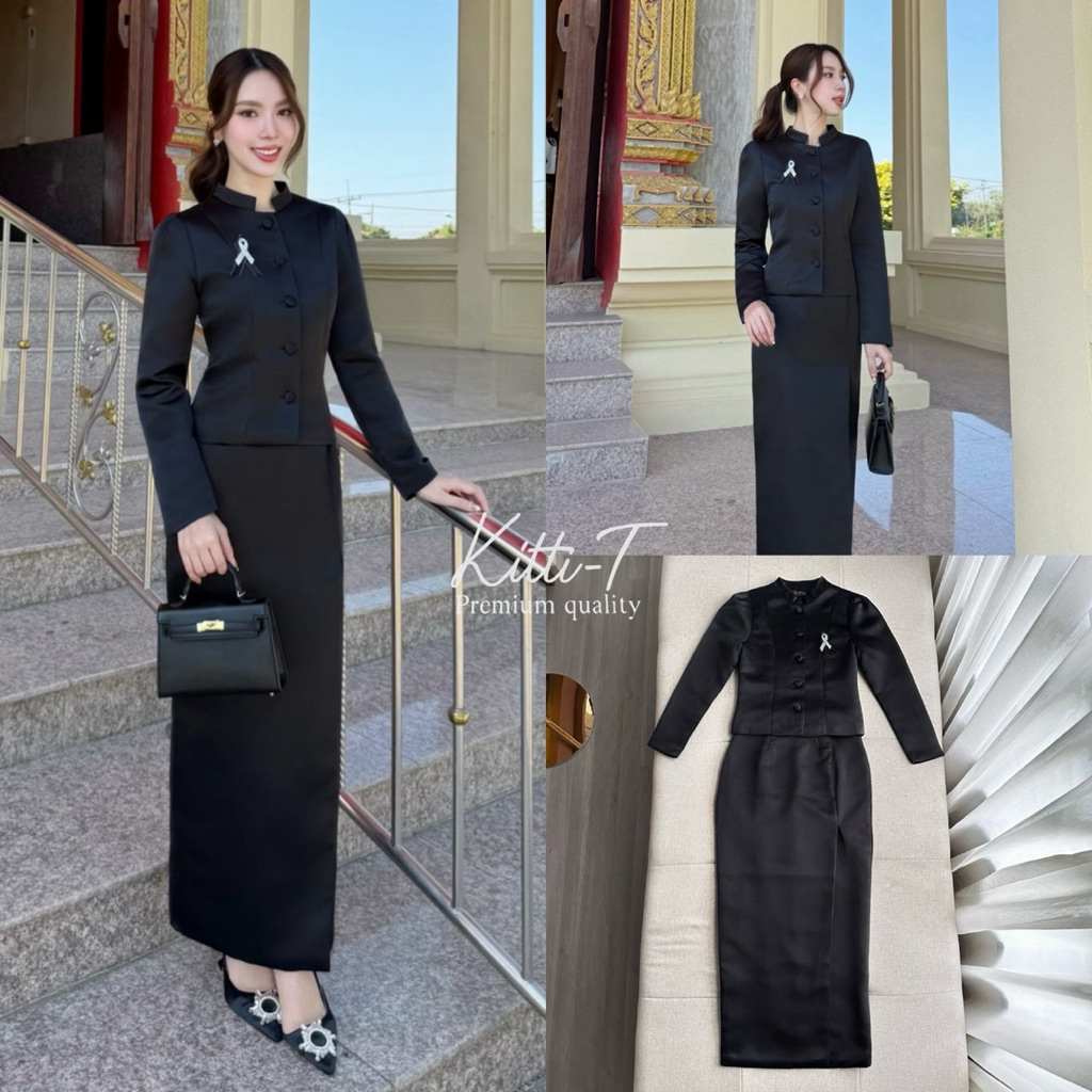 Brand:::KITTI-T(กิตติที)Code:::KT1053 ชุดไทยจิตลดา เสื้อสูทผ้าเงาซาตีนดีไซน์คอจีน(Mandarin Collar) ให้ลุคสุภาพและหรูหรา - รูปที่ 7
