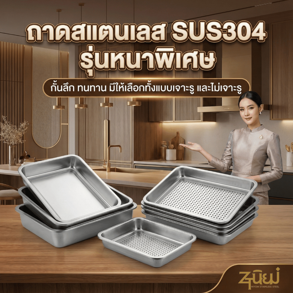 ถาดเหลี่ยมสแตนเลสกันลึก SUS304 รุ่นหนาพิเศษ แบบมีรู/ไม่มีรู สแตนเลสฟู้ดเกรด ปลอดภัย ไม่เป็นสนิม