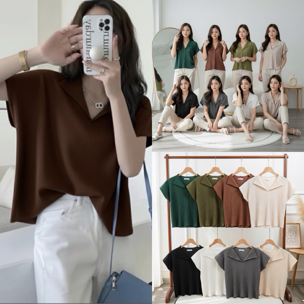 Lady เสื้อแขนสั้น ทรงแขนล้ำ คอวีผ้าอัดพลีท🔥พร้อมส่ง