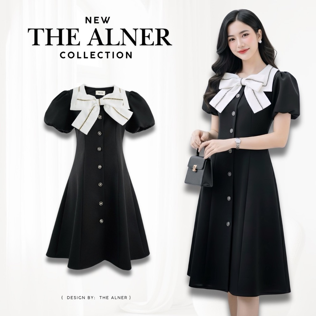 Thealner-AN575 (เดรสดำแต่งโบว์ขาวแขนตุ๊กตากระดุมดอกไม้)