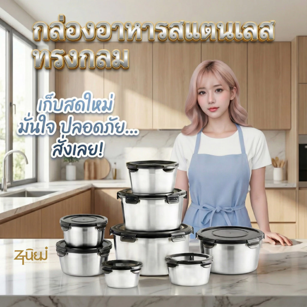 กล่องใส่อาหารสแตนเลส สเตนเลส304 ทรงกลมพร้อมฝาปิด สําหรับเก็บอาหารแช่แข็ง ผัก/ผลไม้ เนื้อสัตว์