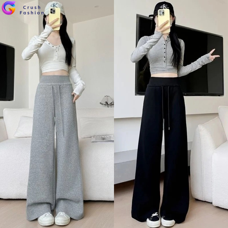 Crush ส่งไวจากไทย กางเกงลำลองผู้หญิง กางเกงวอร์ม เอวสูง ขากว้าง สไตล์เกาหลี ผ้ายืดหยุ่น ใส่สบาย พร้อมส่ง