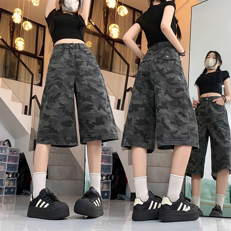 S~5XL Camouflage pants Denim cropped pants กางเกงทรงหลวมเอวสูงสไตล์เรโทร กางเกงขาสั้นลายพรางขากว้างตรงยาว 7 ส่วน HOT
