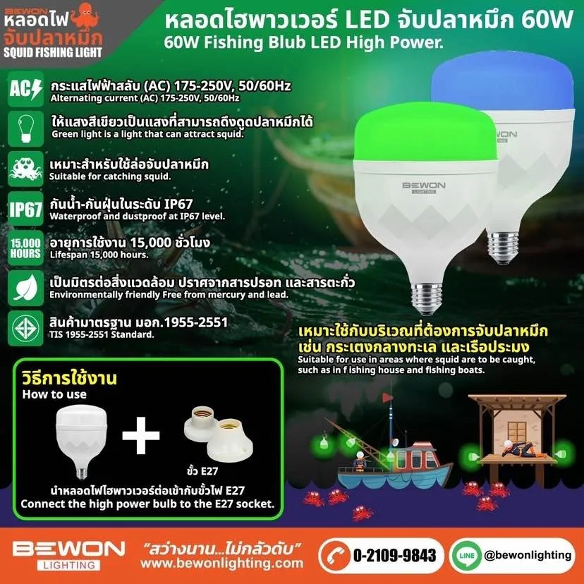 หลอดไฮพาวเวอร์ LED Bewon ขนาด 60 วัตต์ (หลอดไฟจับปลาหมึก/ล่อปลาหมึก)แสงสีเขียวและสีฟ้า ราคา ถูกที่สุด ดีลบีเคเค แกลเลอรีภาพที่ 9