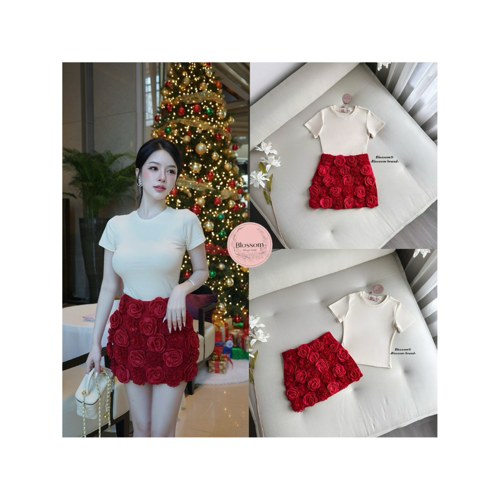 M12 งานป้าย Blossom Set ชุดเซ็ทเสื้อสีครีม+เดรสสั้นแต่งดอกกุหลาบ3D สำหรับผู้หญิง เสื้อผ้าแฟชั่นผู้หญ