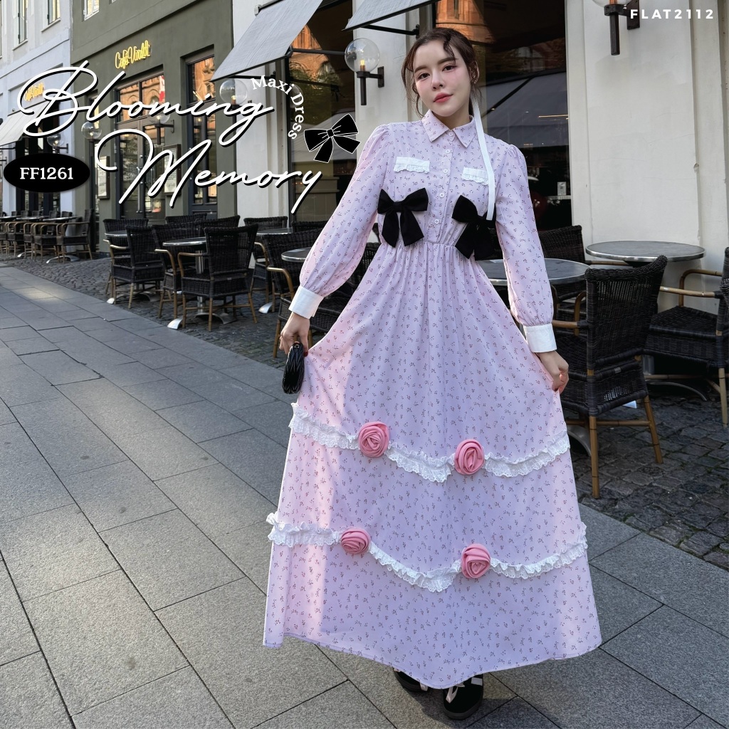 FLAT2112 : BLOOMING MEMORY MAXI DRESS  ชุดเดรสยาวลายดอกไม้ ดีไซน์คอปกคลาสสิก แขนยาวปลายตัดต่อผ้าสีขาว (FF1261)