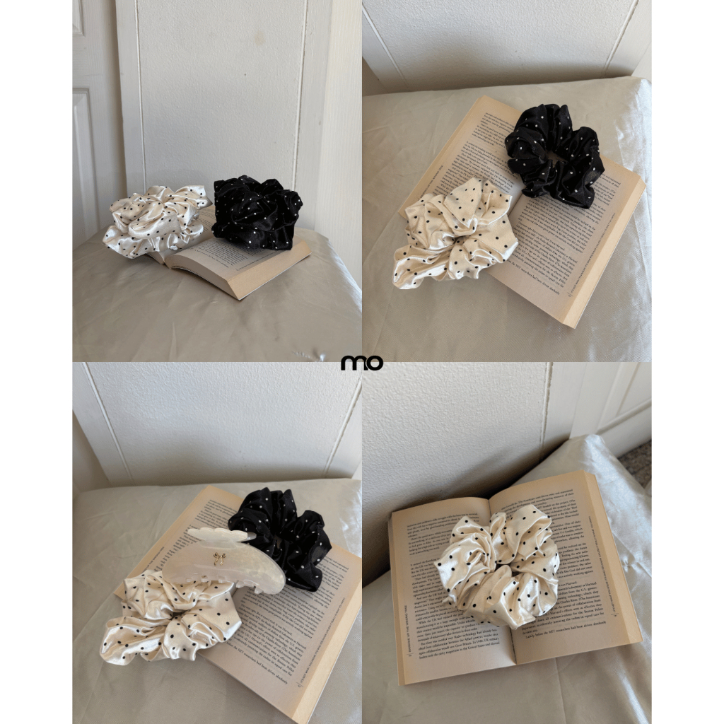 [ส่งทุกวัน🔥] งานขาวดำ สีสุภาพ ยางรัดผมโพก้าดอต Polka Dot Scrunchie ยางมัดผมลายจุด (2 สี)