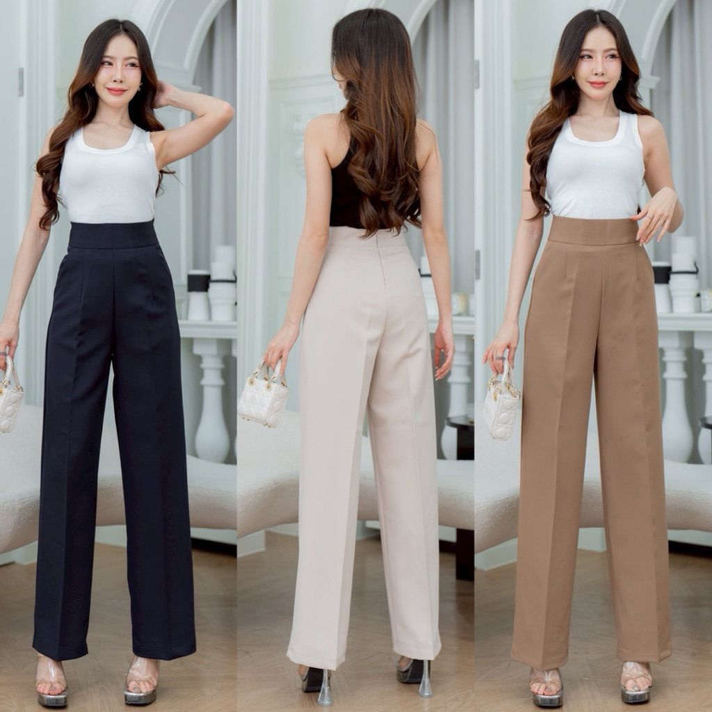 กางเกงทำงานเก็บพุงพลางหุ่นขากระบอกกลางกึ่งใหญ่ซิปหลัง เอวสูง ผ้าไอด้า Premium [C9] สินค้า