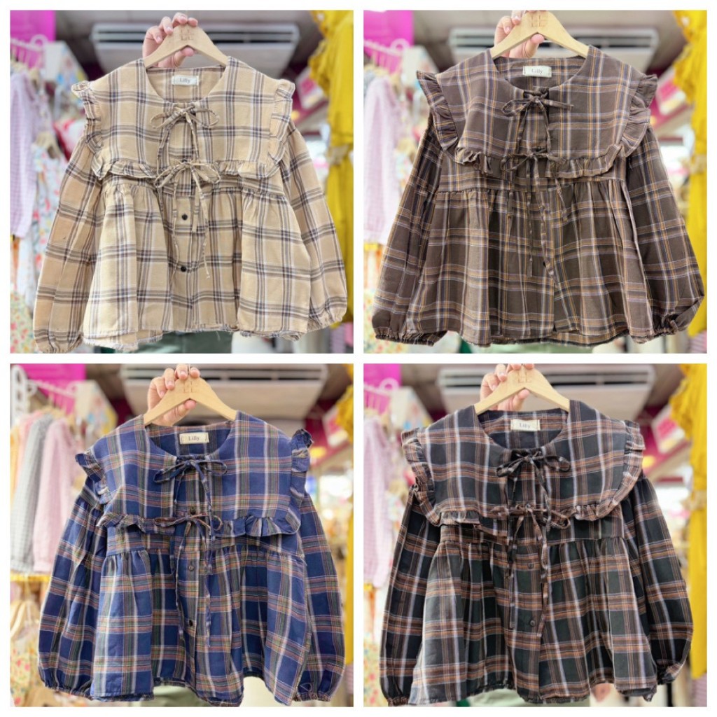 ป้าย Lilly เสื้อผ้าฝ้ายลายสก็อตแต่งปกใหญ่ อก 42 นิ้ว ยาว 21 นิ้ว